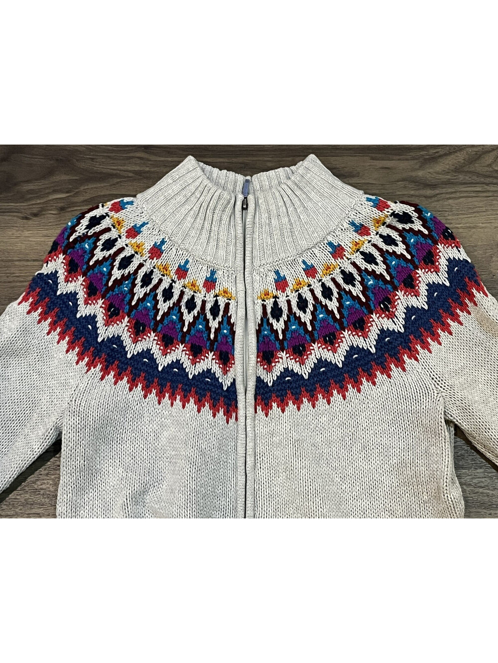 Chaps Denim Women XL Gray Tan Cotton Blend Southwest Fair Isle Knit Sweater Zip
